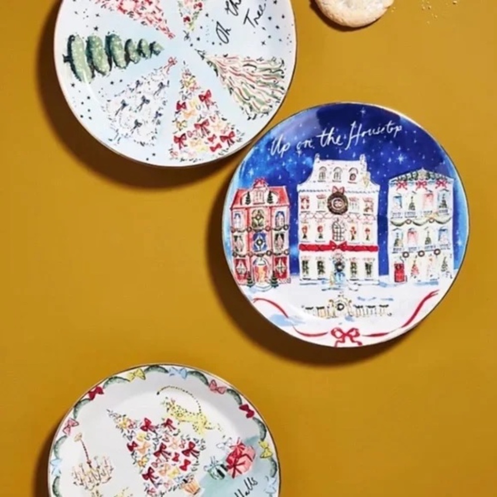Set of 4 Anthropologie Susannah Garrod Up on The Housetop Christmas Side Plates - Picture 2 of 2